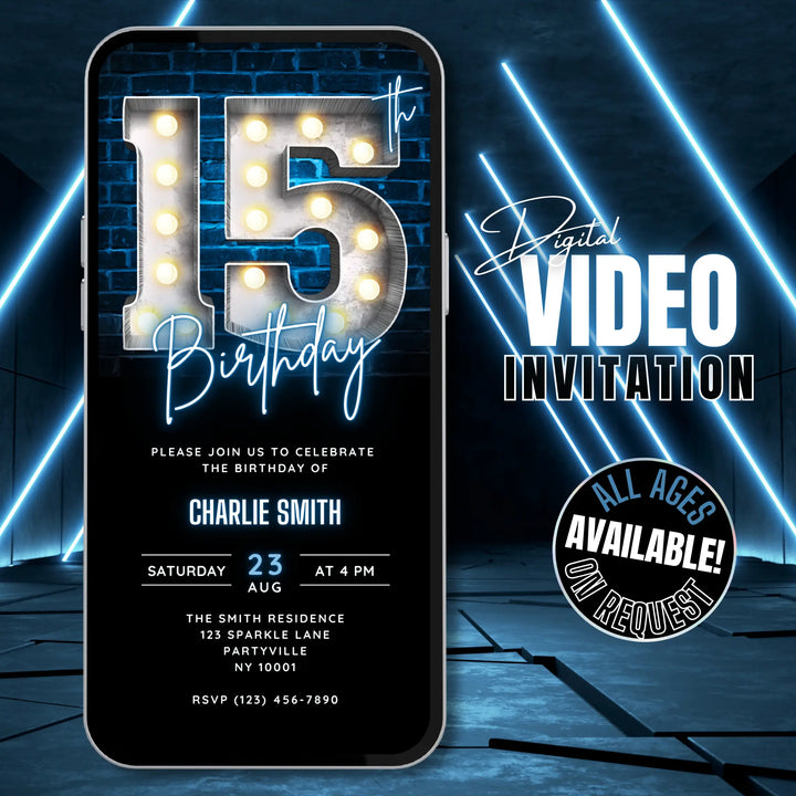 Neon Blue 15th Birthday Invitation | Digital 15th Video Invite | Editable Canva Template