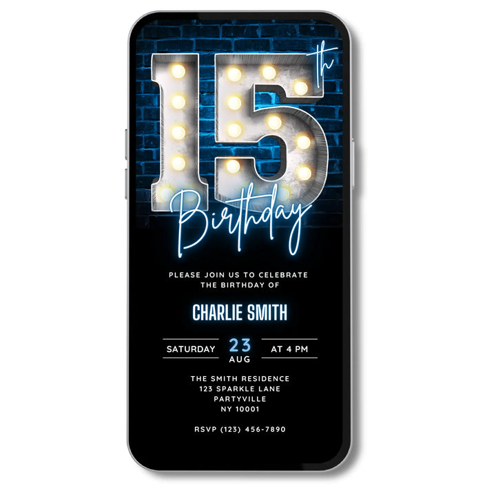 Neon Blue 15th Birthday Invitation | Digital 15th Video Invite | Editable Canva Template