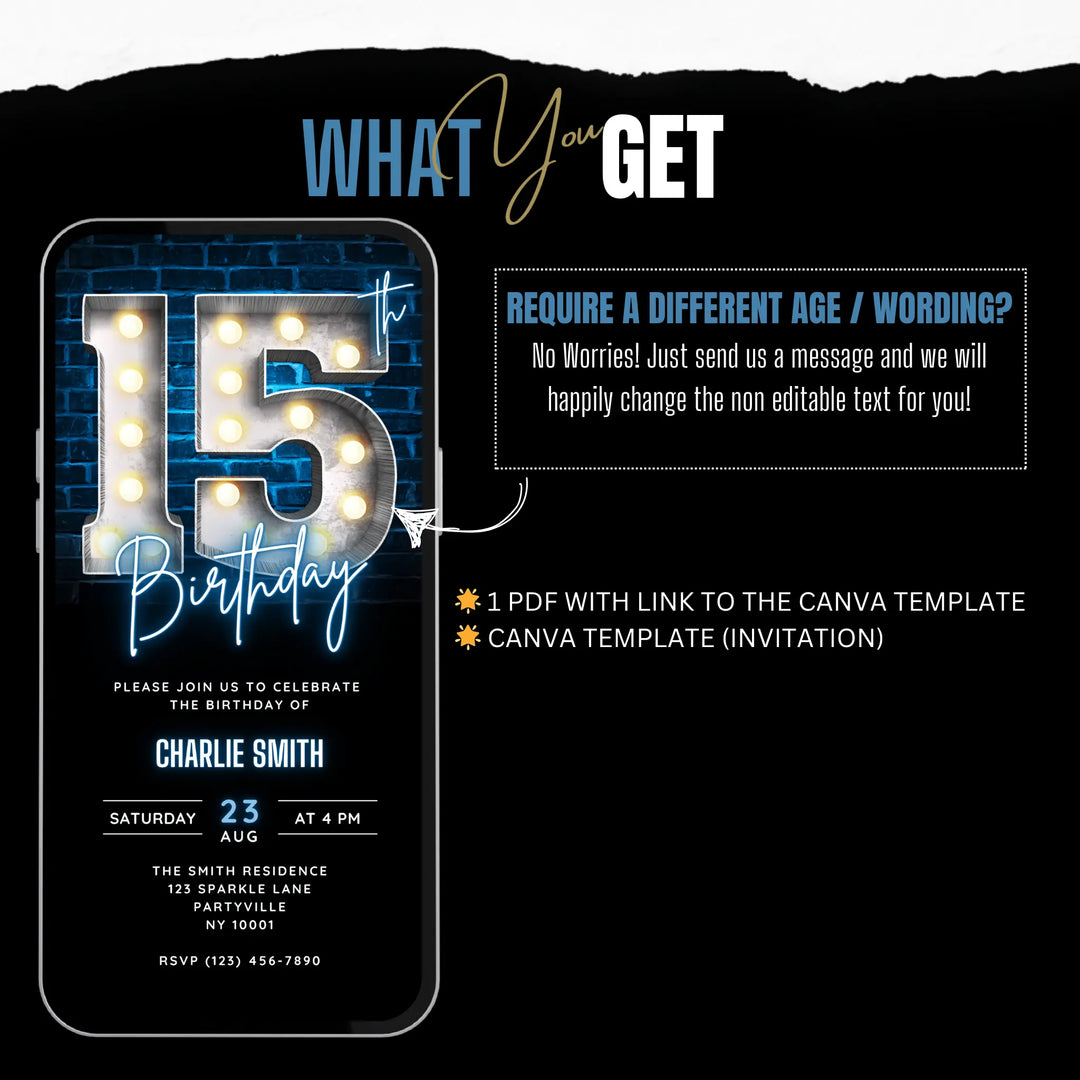 Neon Blue 15th Birthday Invitation | Digital 15th Video Invite | Editable Canva Template