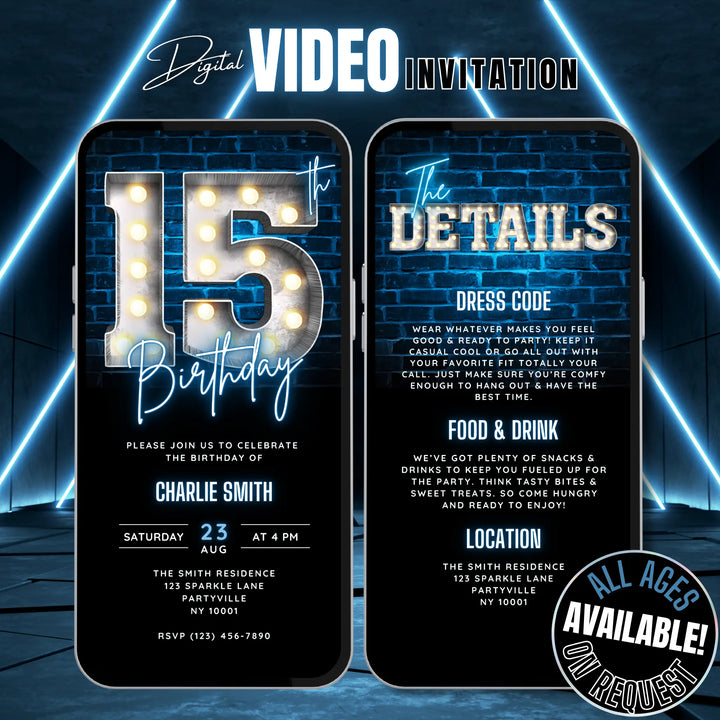 Blue 15th Birthday Invitation | 15 Bday Video Invite | Digital Editable Canva Template