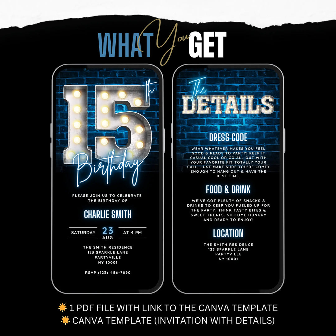 Blue 15th Birthday Invitation | 15 Bday Video Invite | Digital Editable Canva Template
