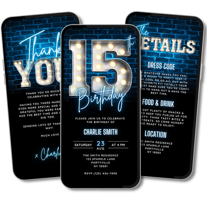 Neon Blue 15th Birthday Invitation | Digital Video Invite for Boys | Editable Canva Template