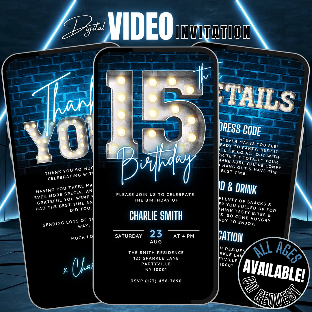 Neon Blue 15th Birthday Invitation | Digital Video Invite for Boys | Editable Canva Template