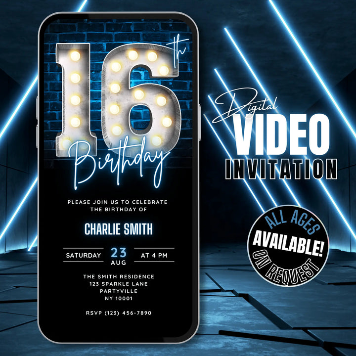 Blue 16th Birthday Invitation | Digital Sweet 16 Invite | Editable Canva Template