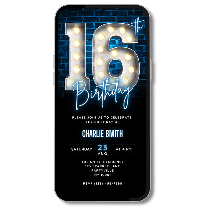 Blue 16th Birthday Invitation | Digital Sweet 16 Invite | Editable Canva Template
