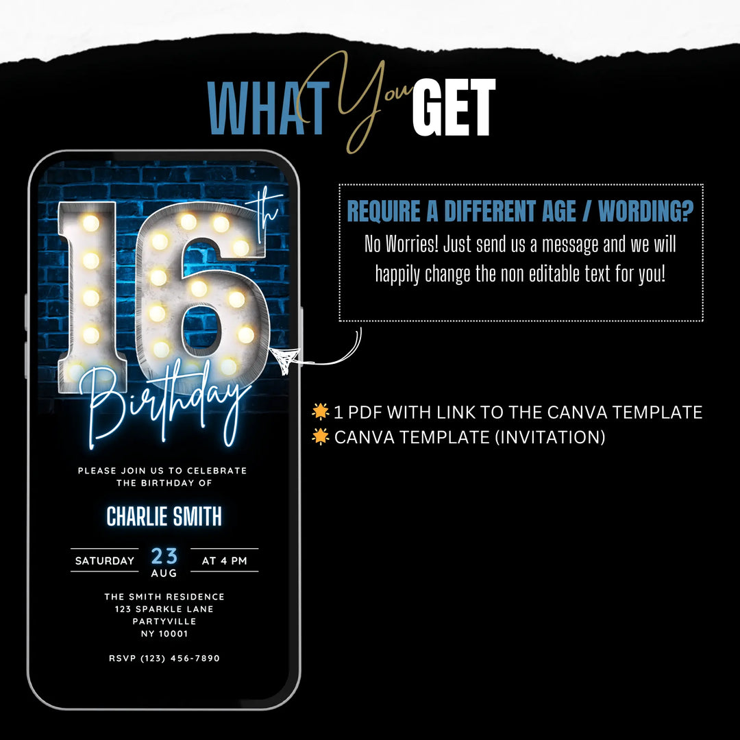 Blue 16th Birthday Invitation | Digital Sweet 16 Invite | Editable Canva Template