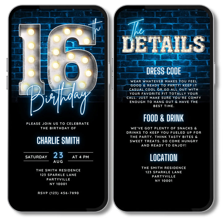 Blue 16th Birthday Invitation | Sweet 16 Birthday Invite | Digital Editable Canva Template