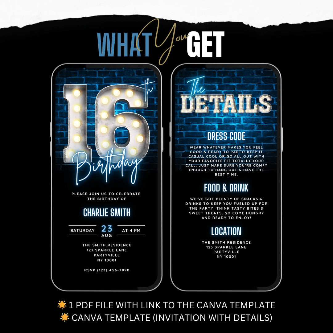 Blue 16th Birthday Invitation | Sweet 16 Birthday Invite | Digital Editable Canva Template
