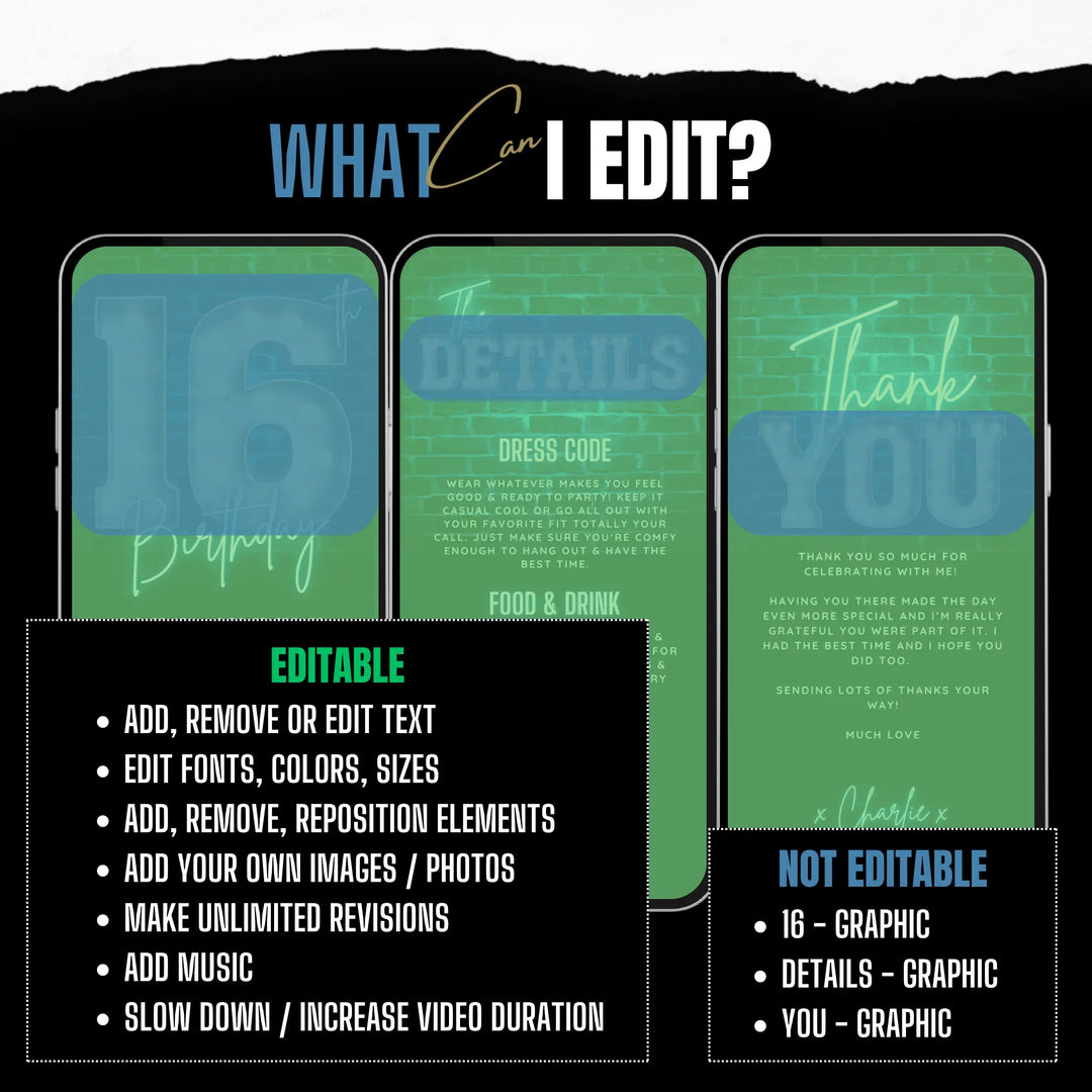 Neon Blue 16th Birthday Invitation | Digital 16 Video Invite for Boys | Editable Canva Template