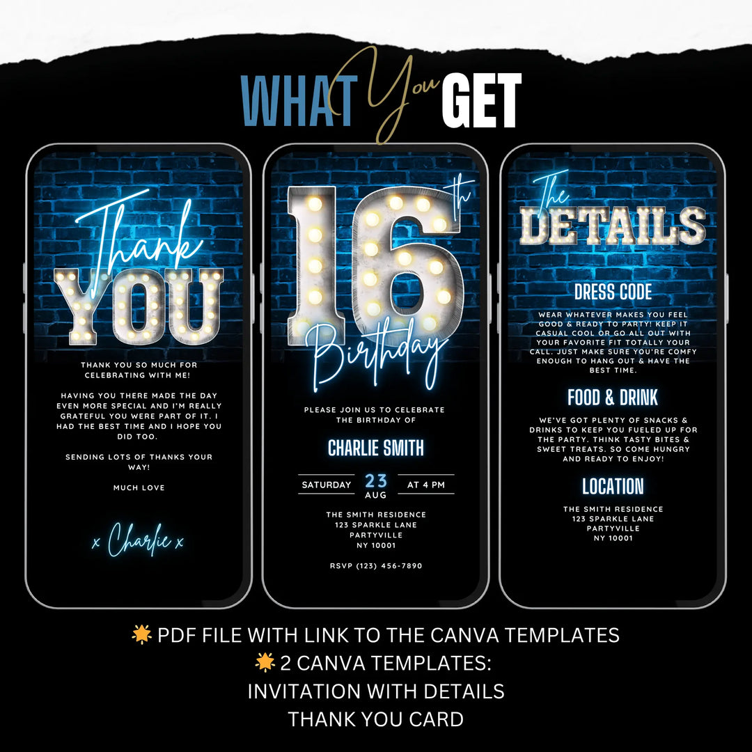 Neon Blue 16th Birthday Invitation | Digital 16 Video Invite for Boys | Editable Canva Template