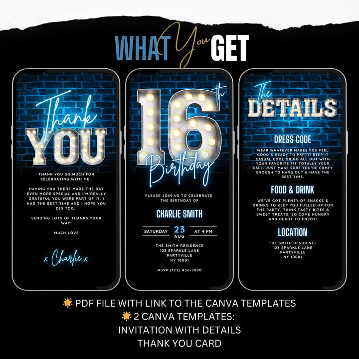 Neon Blue 16th Birthday Invitation | Digital 16 Video Invite for Boys | Editable Canva Template