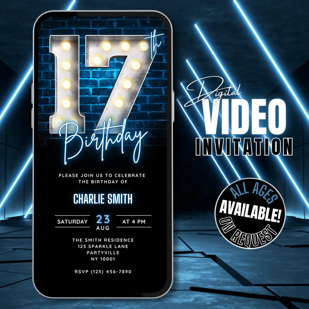 Blue 17th Birthday Invitation for Boys | Digital 17 birthday invite | Editable Canva Template