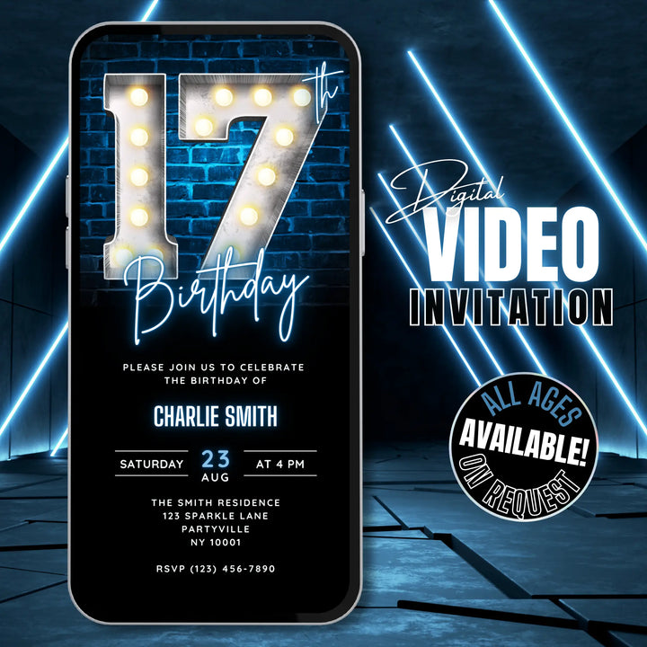 Blue 17th Birthday Invitation for Boys | Digital 17 birthday invite | Editable Canva Template
