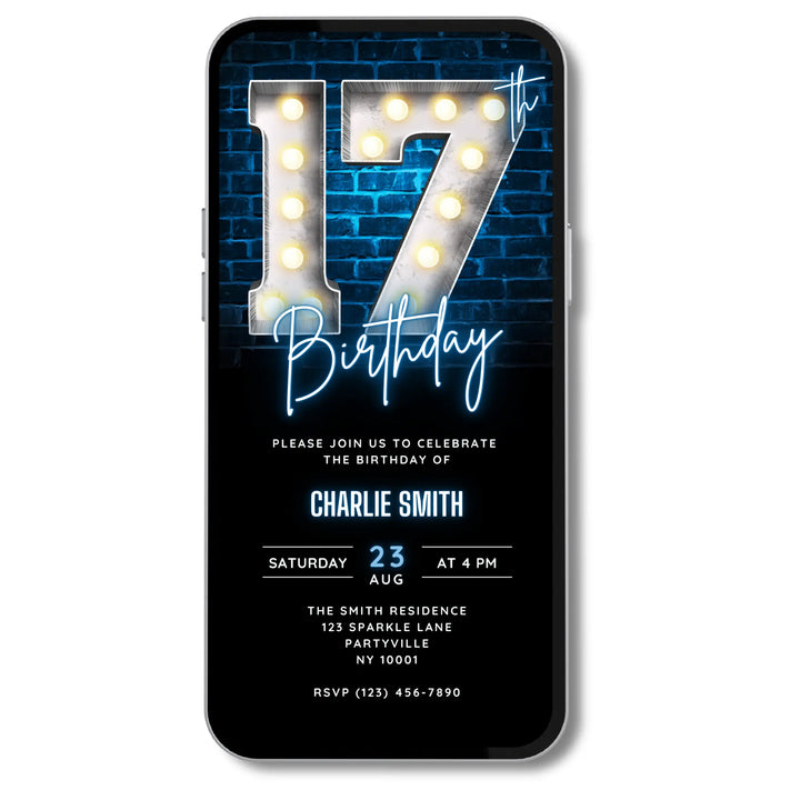Blue 17th Birthday Invitation for Boys | Digital 17 birthday invite | Editable Canva Template