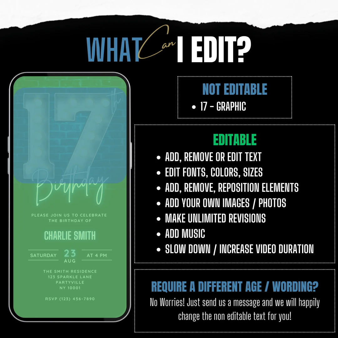 Blue 17th Birthday Invitation for Boys | Digital 17 birthday invite | Editable Canva Template