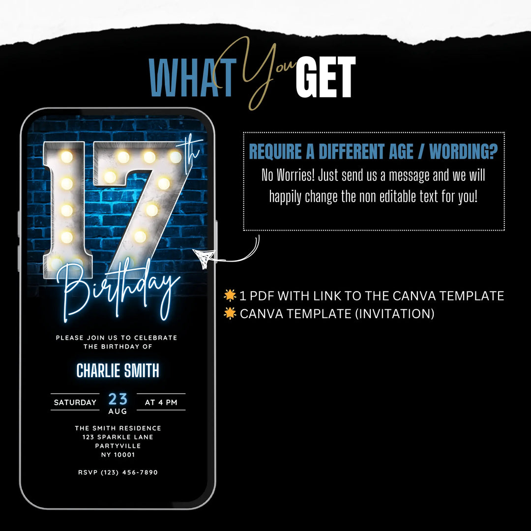 Blue 17th Birthday Invitation for Boys | Digital 17 birthday invite | Editable Canva Template