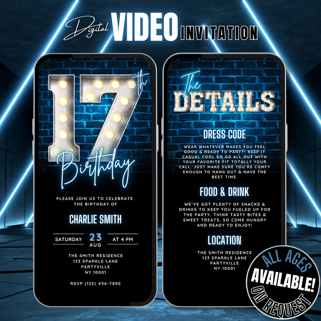 Blue 17th Birthday Invitation | 17 Birthday Dinner Invite | Digital Editable Canva Template
