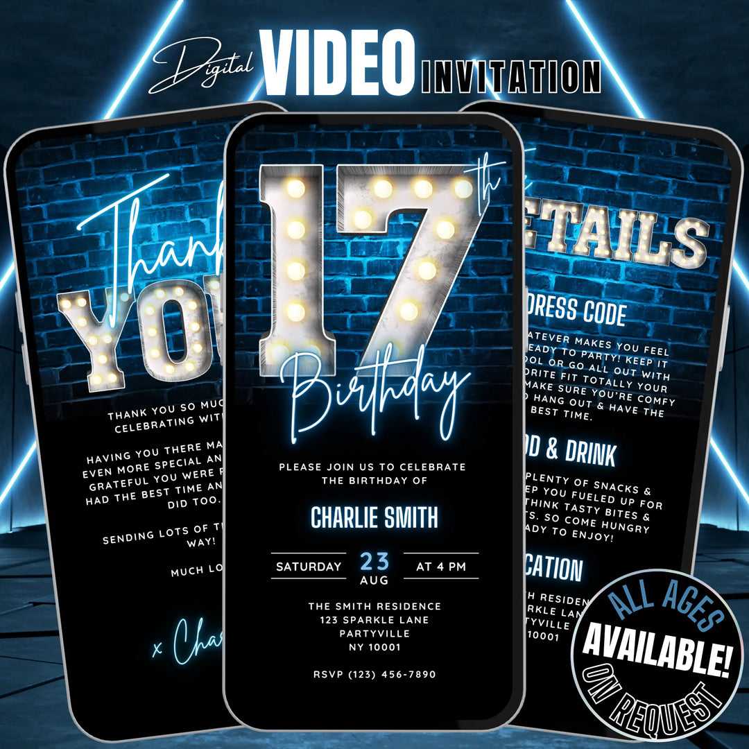 Neon Blue 17th Birthday Invitation | Digital 17 Birthday Dinner Invite | Editable Canva Template