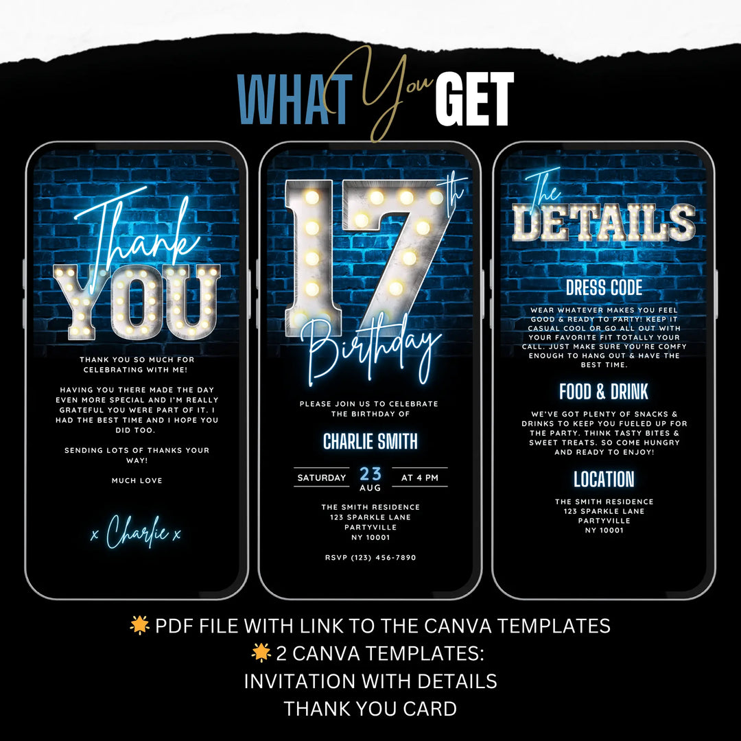 Neon Blue 17th Birthday Invitation | Digital 17 Birthday Dinner Invite | Editable Canva Template