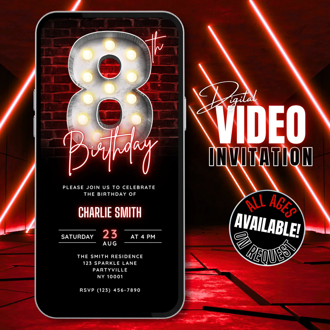 Neon Red 8th Birthday Invitation – Editable Digital Invite for Boys | Glow Party, Gaming Night, Disco Theme