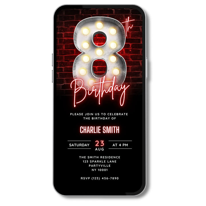 Neon Red 8th Birthday Invitation – Editable Digital Invite for Boys | Glow Party, Gaming Night, Disco Theme