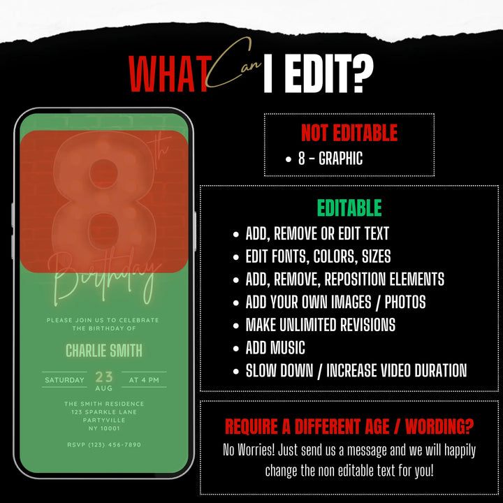 Neon Red 8th Birthday Invitation – Editable Digital Invite for Boys | Glow Party, Gaming Night, Disco Theme