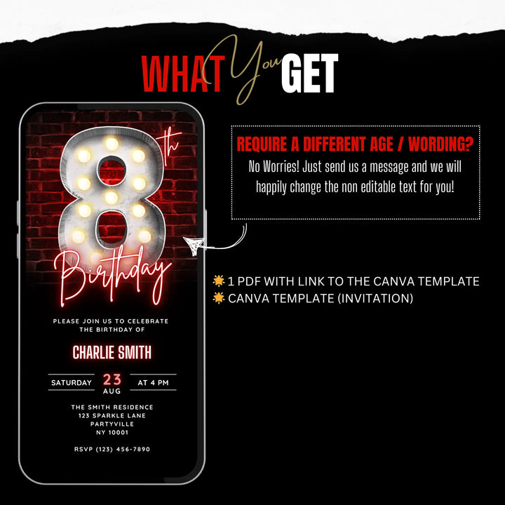 Neon Red 8th Birthday Invitation – Editable Digital Invite for Boys | Glow Party, Gaming Night, Disco Theme