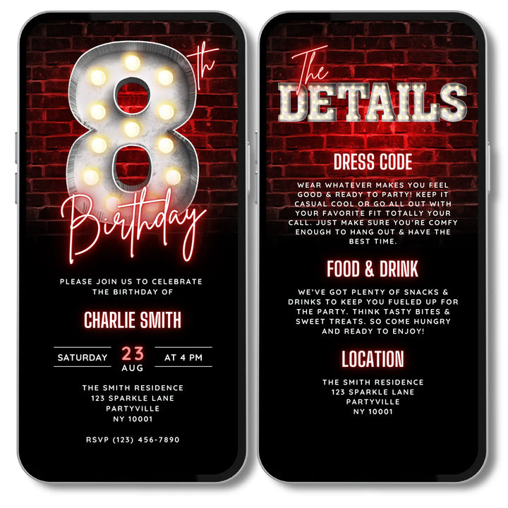 Neon Red 8th Birthday Invitation with Details – Editable Digital Invite for Boys | Glow Party, Gaming Night, Disco Theme