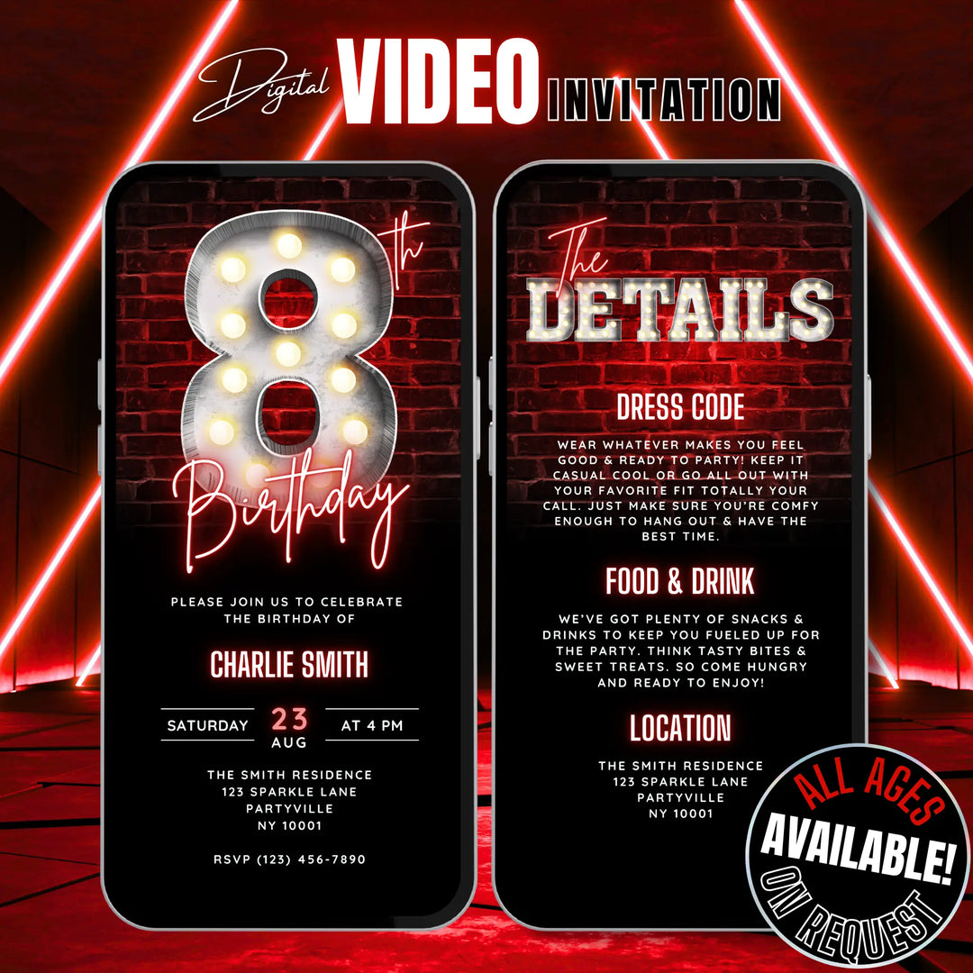 Neon Red 8th Birthday Invitation with Details – Editable Digital Invite for Boys | Glow Party, Gaming Night, Disco Theme