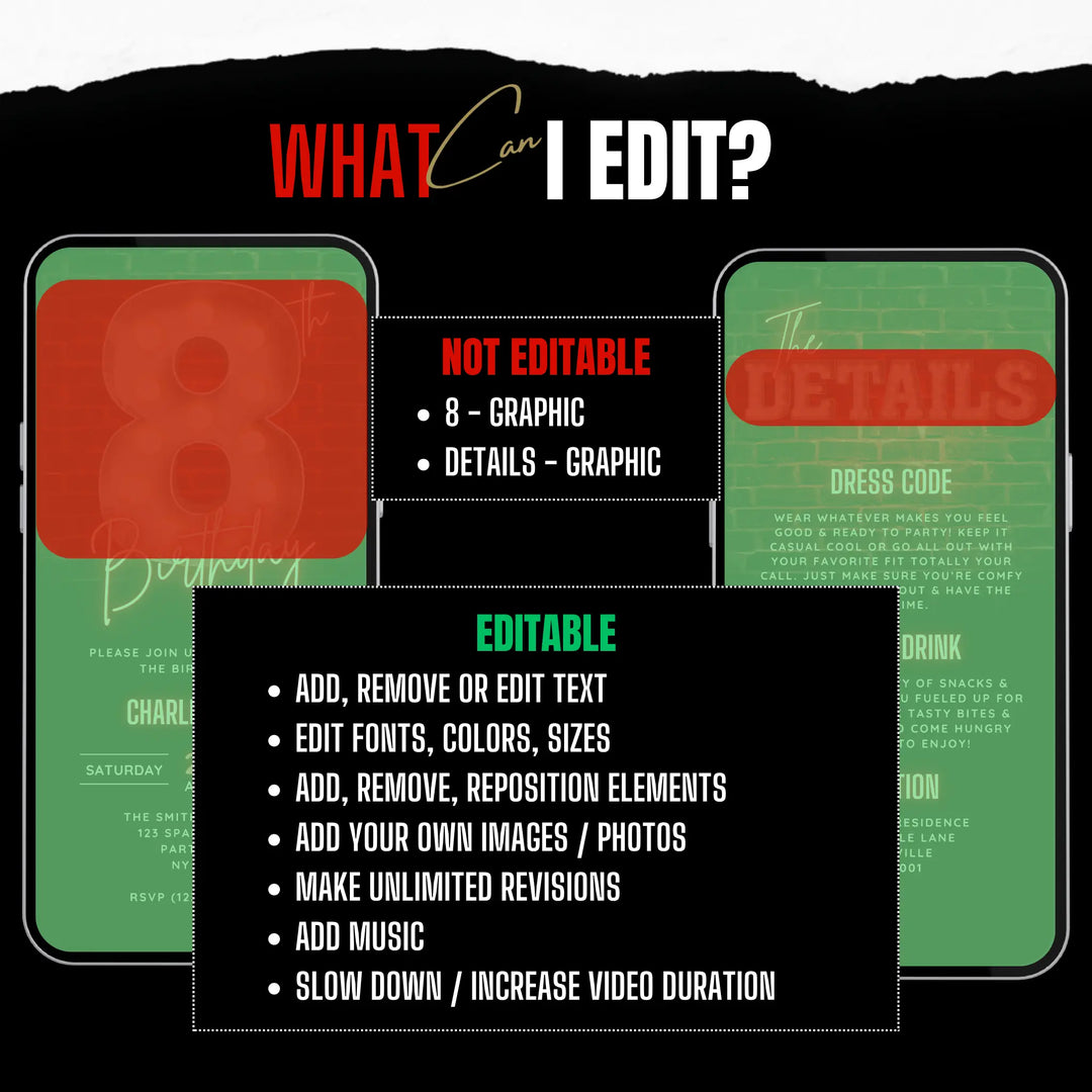 Neon Red 8th Birthday Invitation with Details – Editable Digital Invite for Boys | Glow Party, Gaming Night, Disco Theme