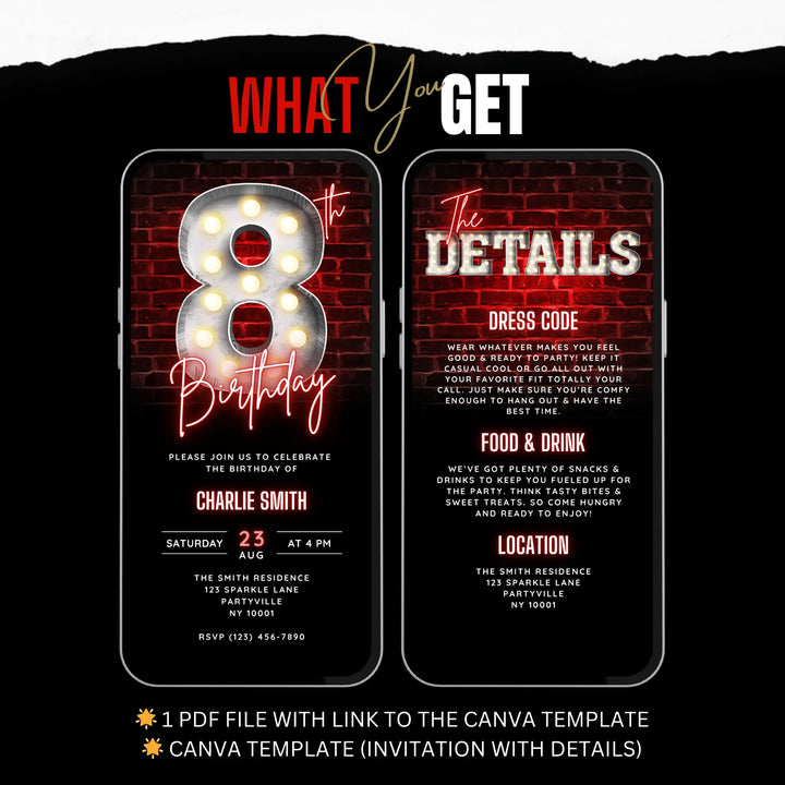 Neon Red 8th Birthday Invitation with Details – Editable Digital Invite for Boys | Glow Party, Gaming Night, Disco Theme