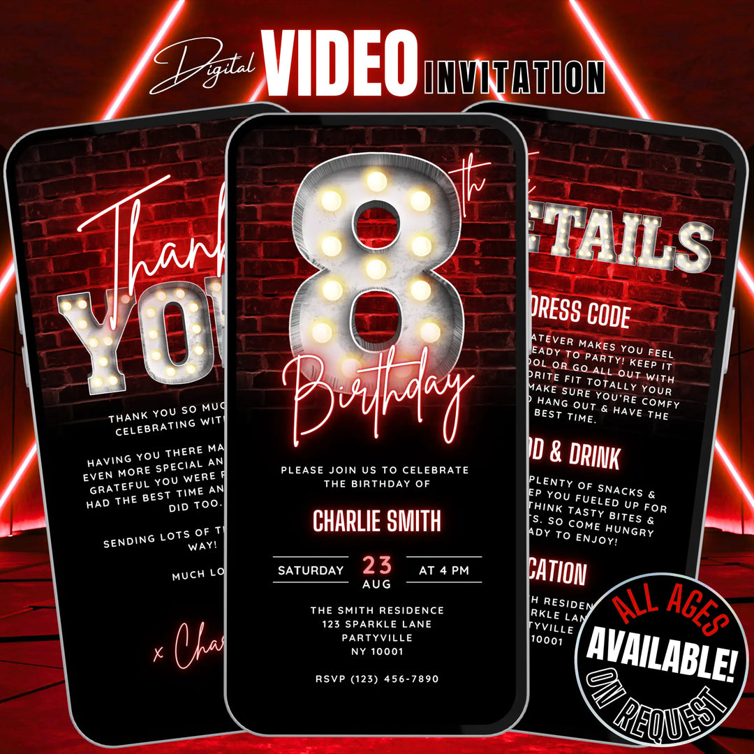 Neon Red 8th Birthday Invitation with Details and Thank You Card – Editable Digital Invite for Boys | Glow Party, Gaming Night, Disco Theme