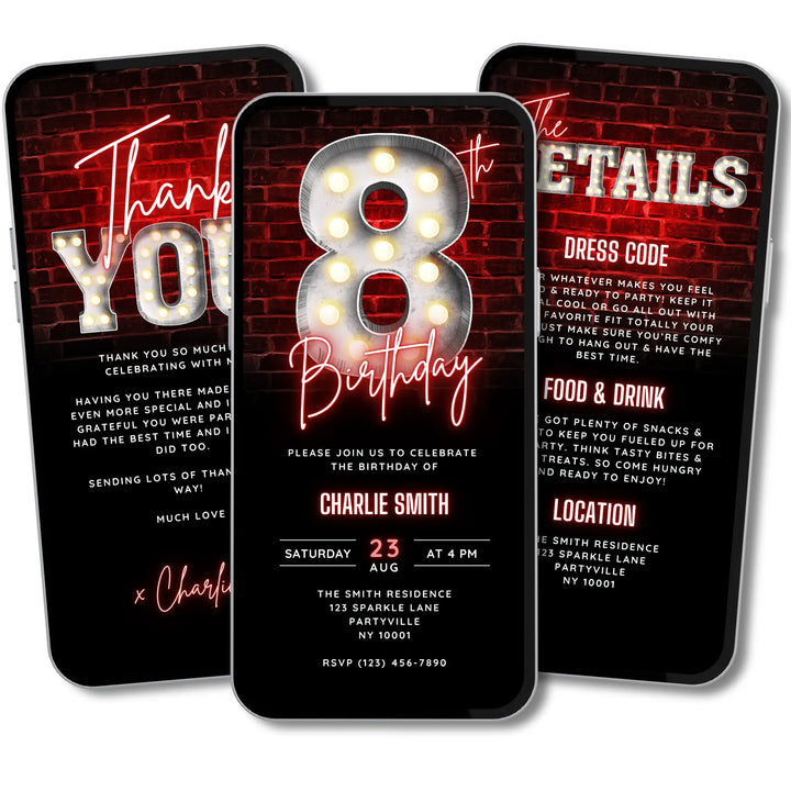 Neon Red 8th Birthday Invitation with Details and Thank You Card – Editable Digital Invite for Boys | Glow Party, Gaming Night, Disco Theme