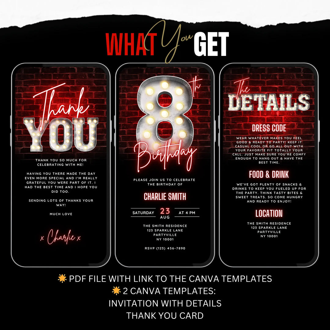 Neon Red 8th Birthday Invitation with Details and Thank You Card – Editable Digital Invite for Boys | Glow Party, Gaming Night, Disco Theme