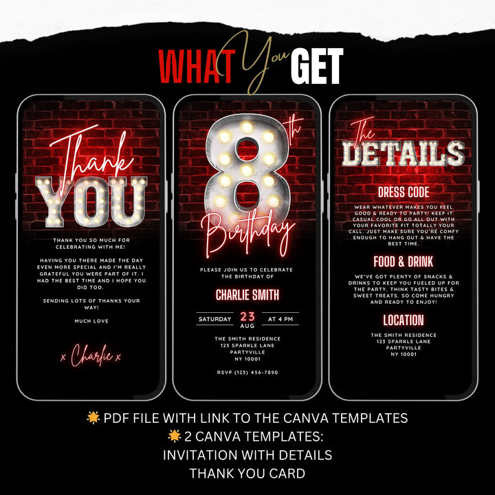 Neon Red 8th Birthday Invitation with Details and Thank You Card – Editable Digital Invite for Boys | Glow Party, Gaming Night, Disco Theme