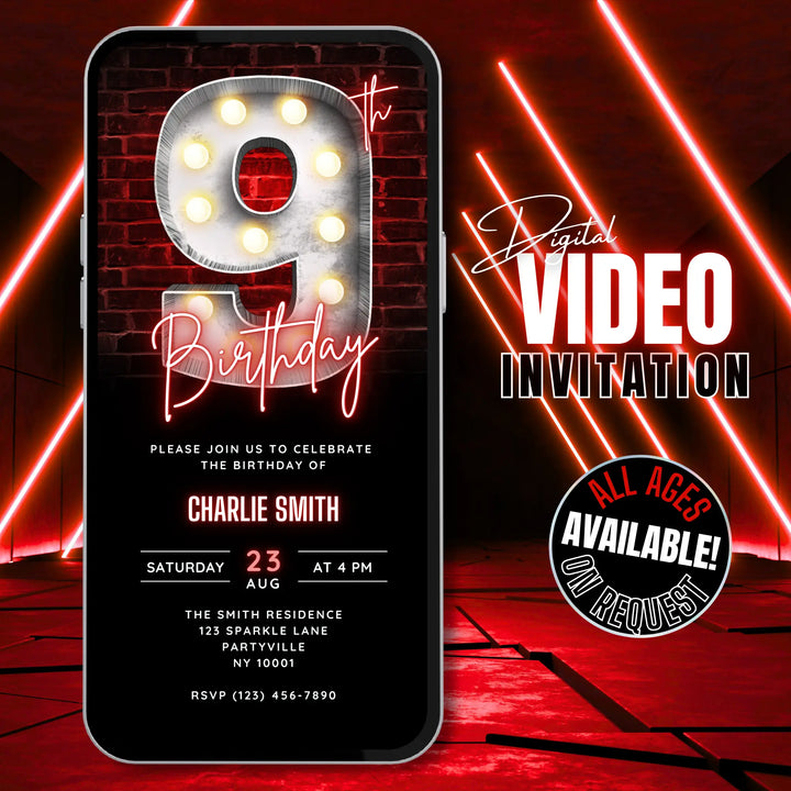 Neon Red 9th Birthday Invitation – Editable Canva Template | Gaming, Sports, Disco or Movie Night Party