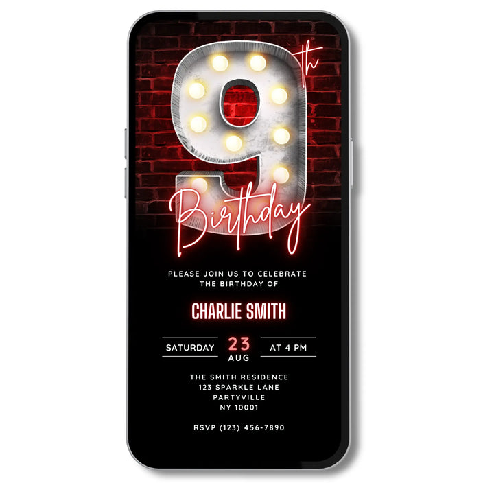 Neon Red 9th Birthday Invitation – Editable Canva Template | Gaming, Sports, Disco or Movie Night Party