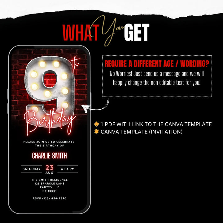Neon Red 9th Birthday Invitation – Editable Canva Template | Gaming, Sports, Disco or Movie Night Party