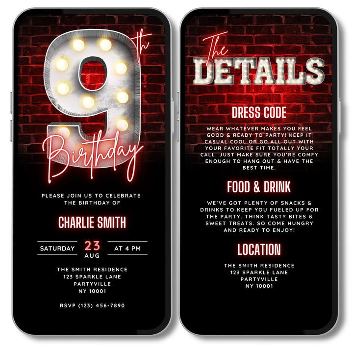 Neon Red 9th Birthday Invitation with Details – Editable Canva Template | Gaming, Sports, Disco or Movie Night Party