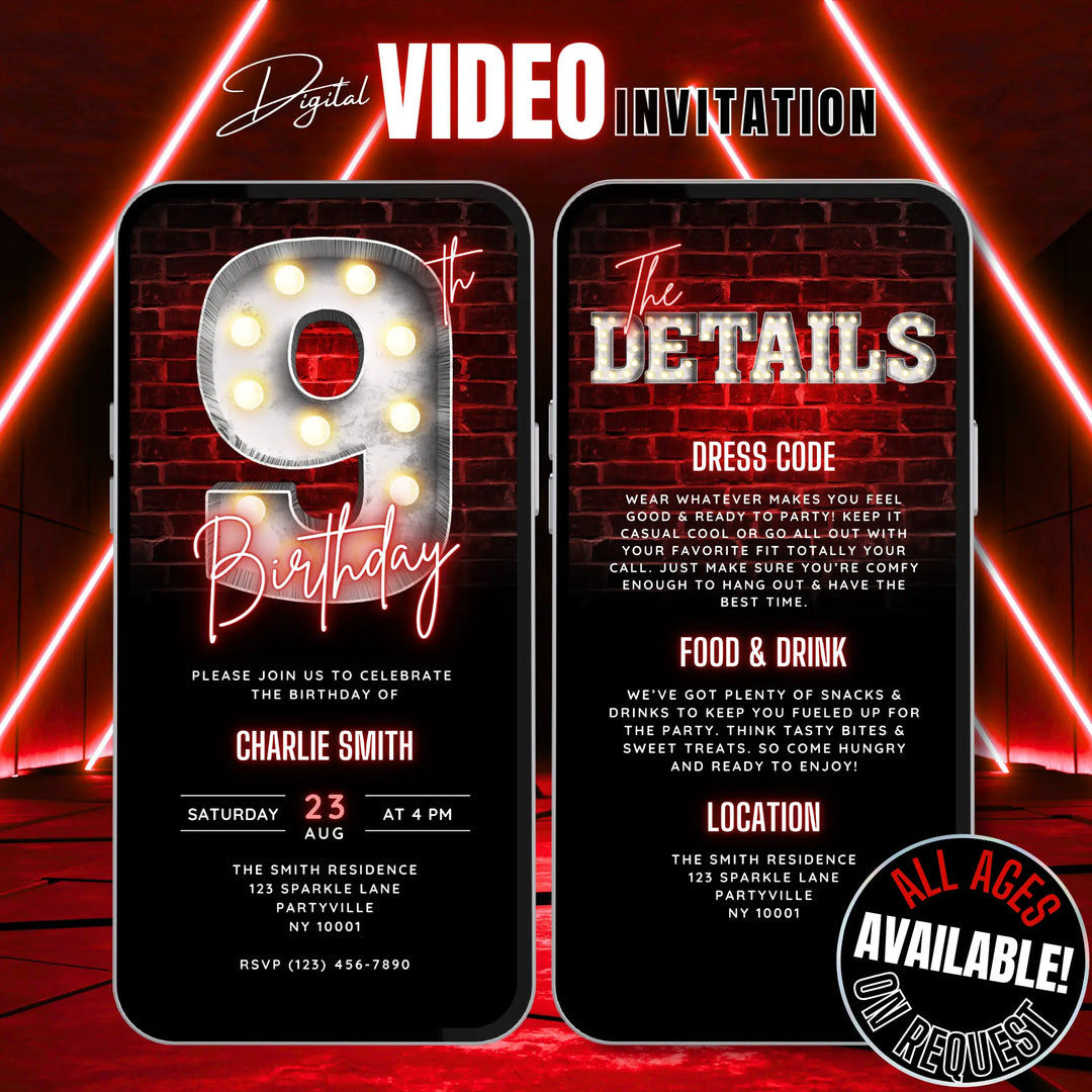 Neon Red 9th Birthday Invitation with Details – Editable Canva Template | Gaming, Sports, Disco or Movie Night Party