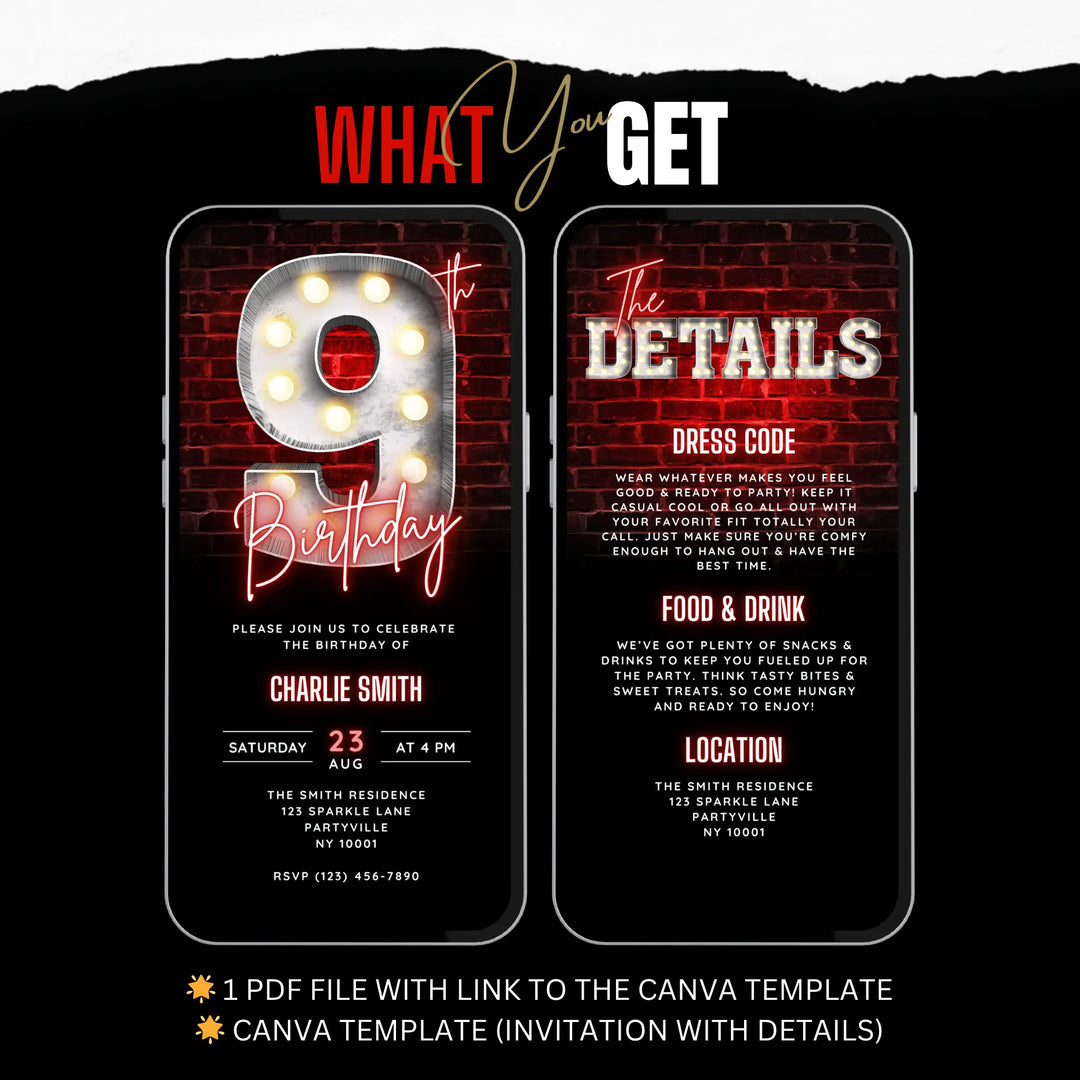 Neon Red 9th Birthday Invitation with Details – Editable Canva Template | Gaming, Sports, Disco or Movie Night Party