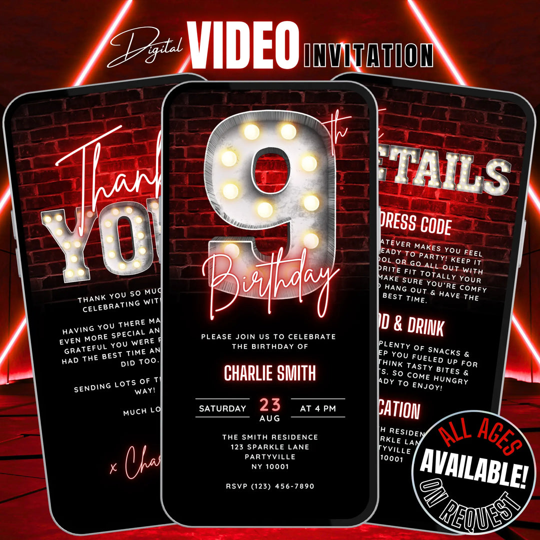 Neon Red 9th Birthday Invitation with Details and Thank You Card – Editable Canva Template | Gaming, Sports, Disco or Movie Night Party