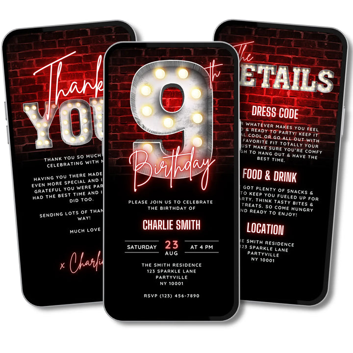 Neon Red 9th Birthday Invitation with Details and Thank You Card – Editable Canva Template | Gaming, Sports, Disco or Movie Night Party