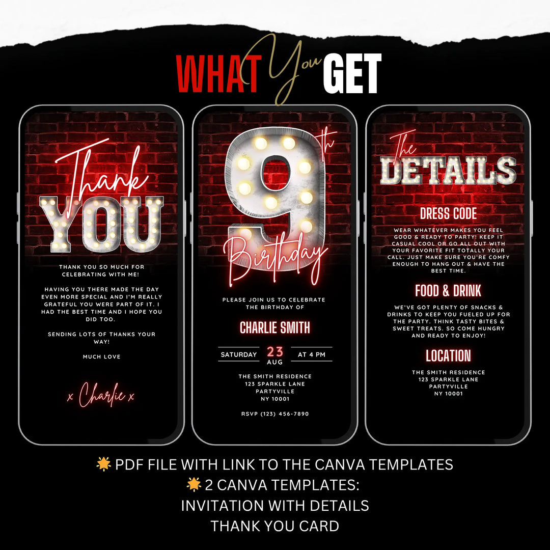 Neon Red 9th Birthday Invitation with Details and Thank You Card – Editable Canva Template | Gaming, Sports, Disco or Movie Night Party