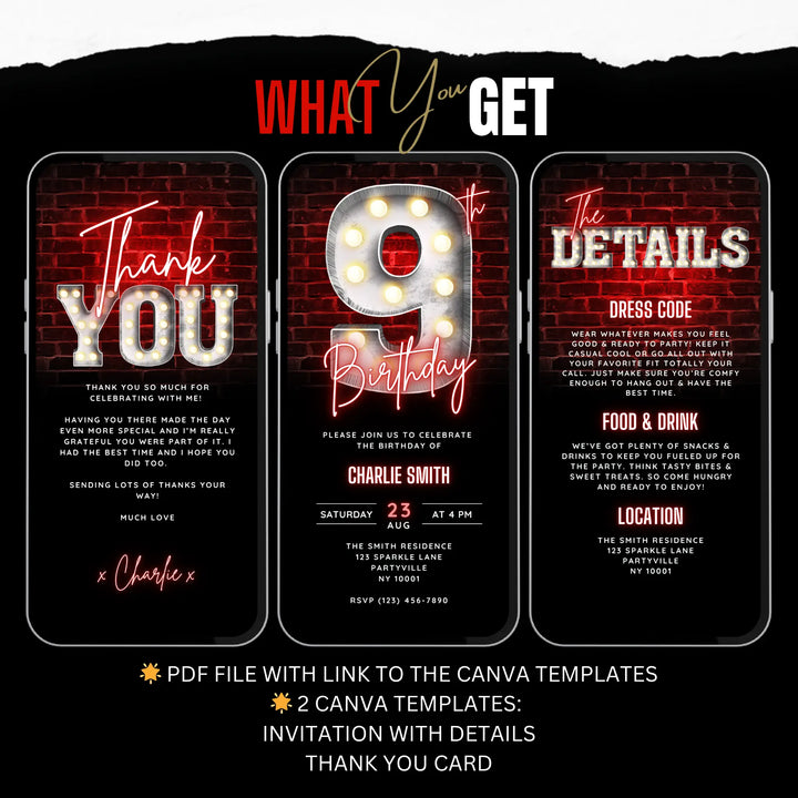 Neon Red 9th Birthday Invitation with Details and Thank You Card – Editable Canva Template | Gaming, Sports, Disco or Movie Night Party