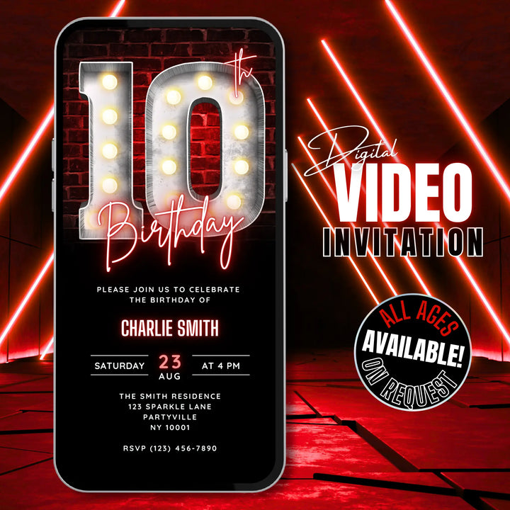 Neon Red 10th Birthday Invitation – Editable Canva Template | Glow, Disco or Gaming Party