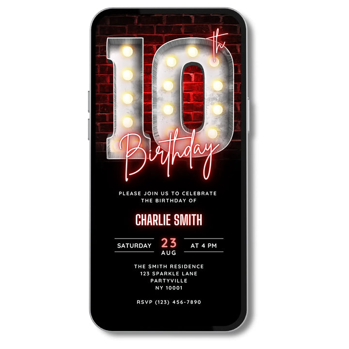 Neon Red 10th Birthday Invitation – Editable Canva Template | Glow, Disco or Gaming Party