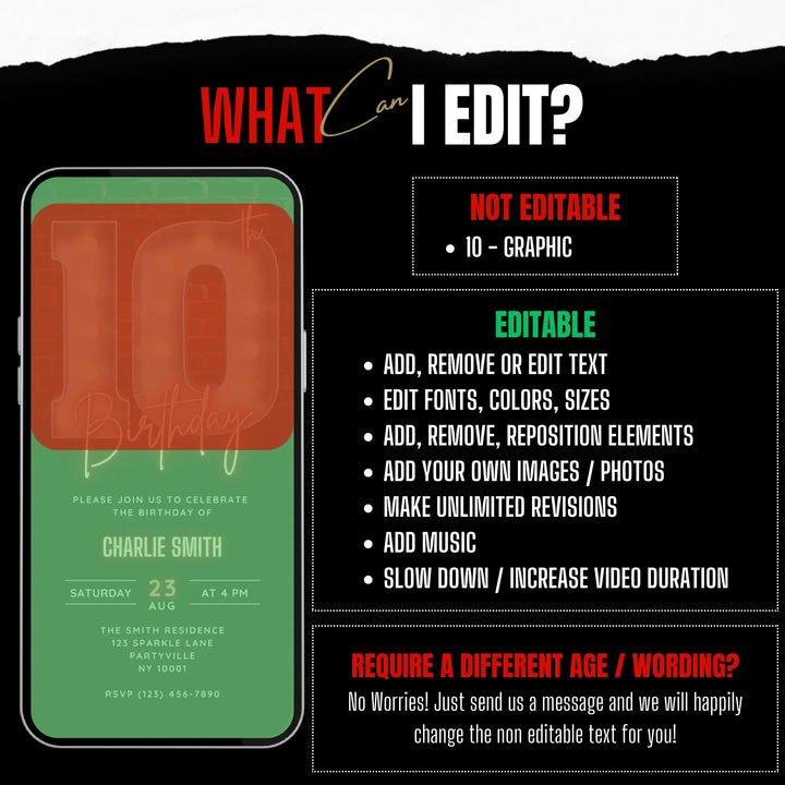 Neon Red 10th Birthday Invitation – Editable Canva Template | Glow, Disco or Gaming Party