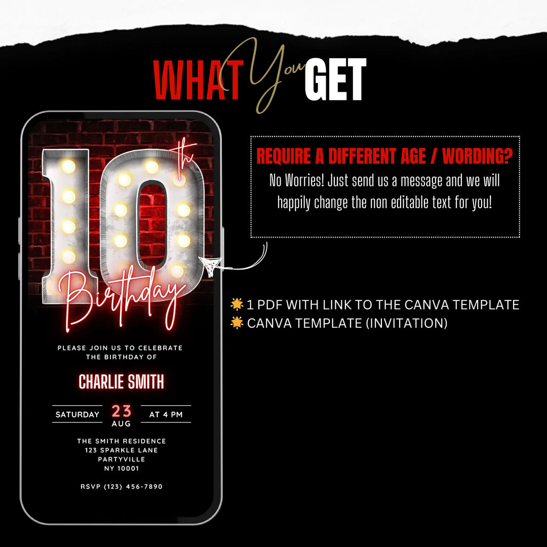 Neon Red 10th Birthday Invitation – Editable Canva Template | Glow, Disco or Gaming Party
