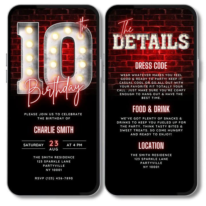 Neon Red 10th Birthday Invitation with Details – Editable Canva Template | Gaming, Sports, Disco or Movie Night Party
